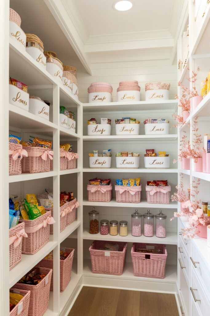 Bright, airy walk-in pantry with clear zones labeled in elegant cursive, pastel baskets for snacks, pink floral dividers