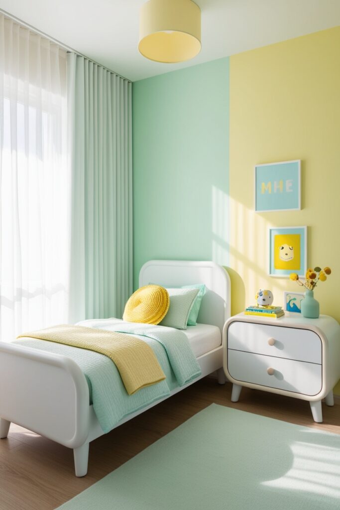 Bright and fresh kids’ bedroom in soft tones of butter yellow, mint green, and light blue