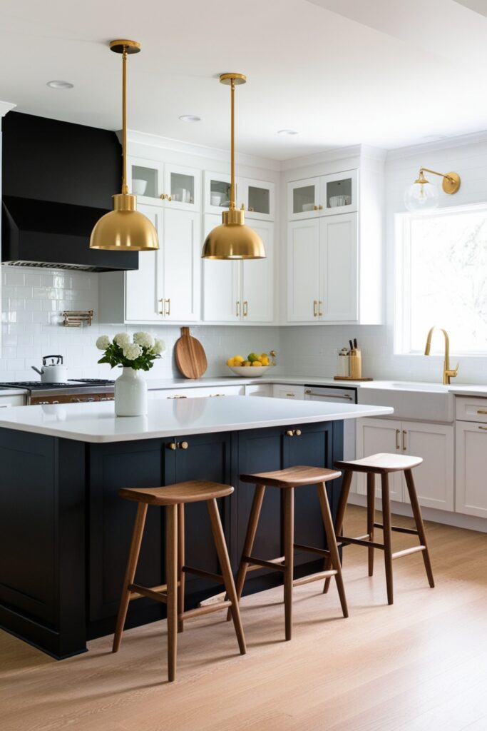 Bright kitchen with white cabinets and a bold black kitchen island, gold pendant lights, wood stools