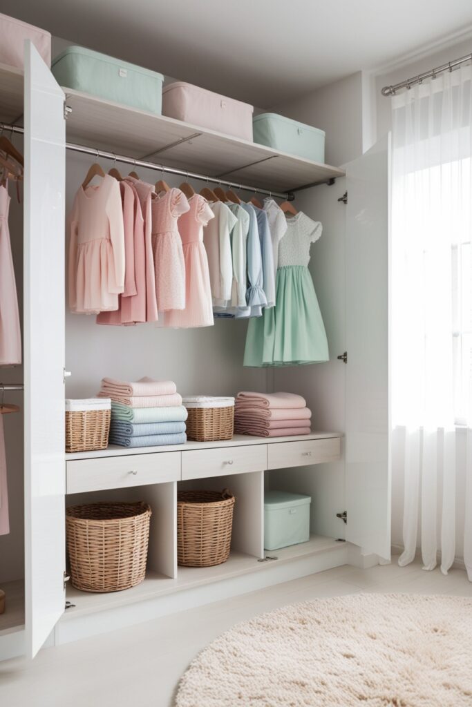 Clean and tidy girly room with a minimalist wardrobe, open closet showing curated clothing