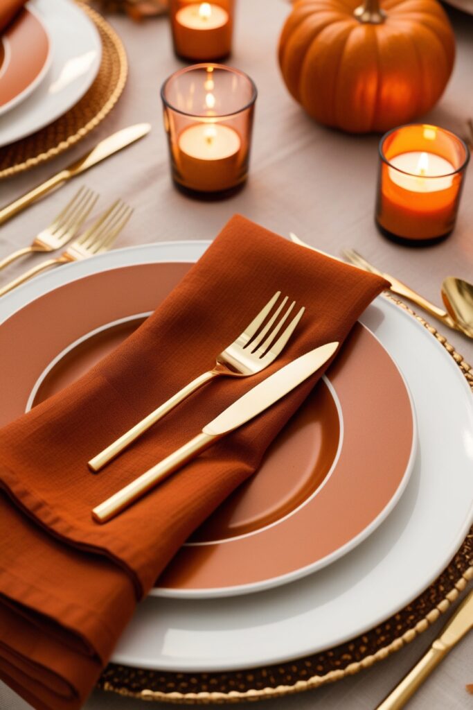 Close-up of fall place setting with rust-colored napkins, white plates, gold utensils