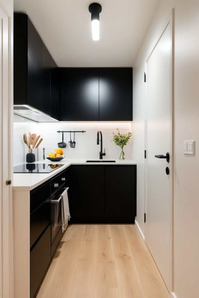 Compact kitchen with matte black cabinets, bright white walls, strategic lighting