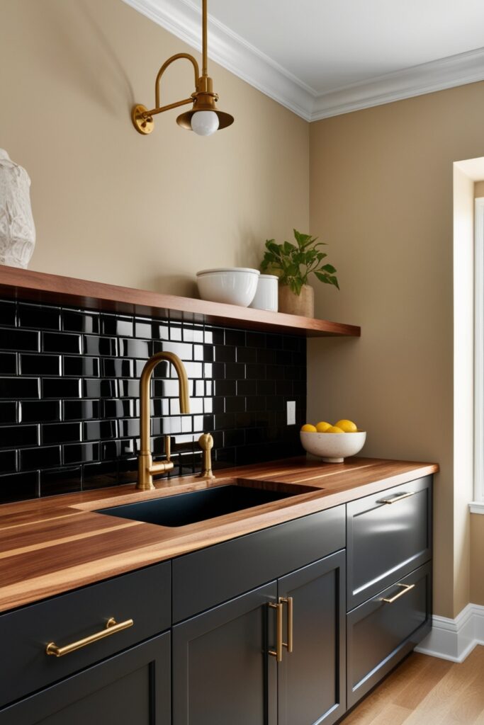 Contemporary kitchen with glossy black subway tile backsplash, wood countertops, brass faucet