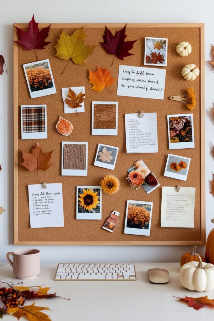 Corkboard mood board in a girly workspace filled with fall leaves, cozy photos