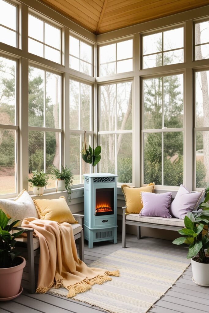 Cozy enclosed porch with large insulated windows, soft throw blankets, pastel-toned cushions