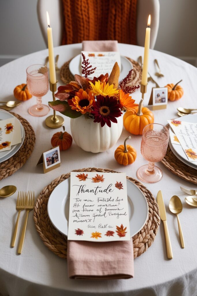 Cozy fall table with handwritten gratitude notes, mini photos of past autumn moments