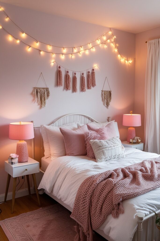 Cozy girly bedroom with layered lighting string lights, table lamps with pink shades, standing lamp