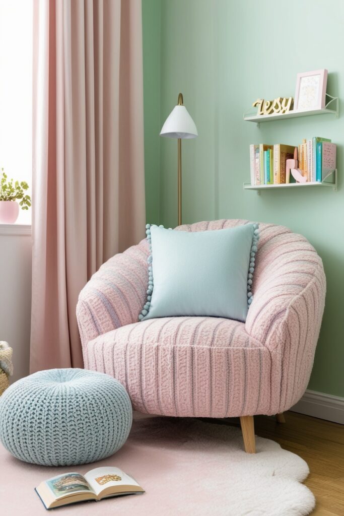 Cozy reading corner with a plush pastel boucle chair, soft baby blue pillow, floor lamp, mini bookshelf