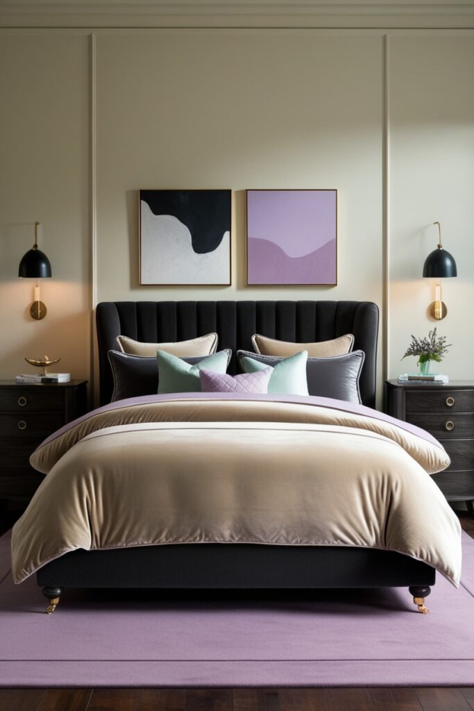 Cream and charcoal bedroom with deep-toned wood furniture, cream velvet bedding