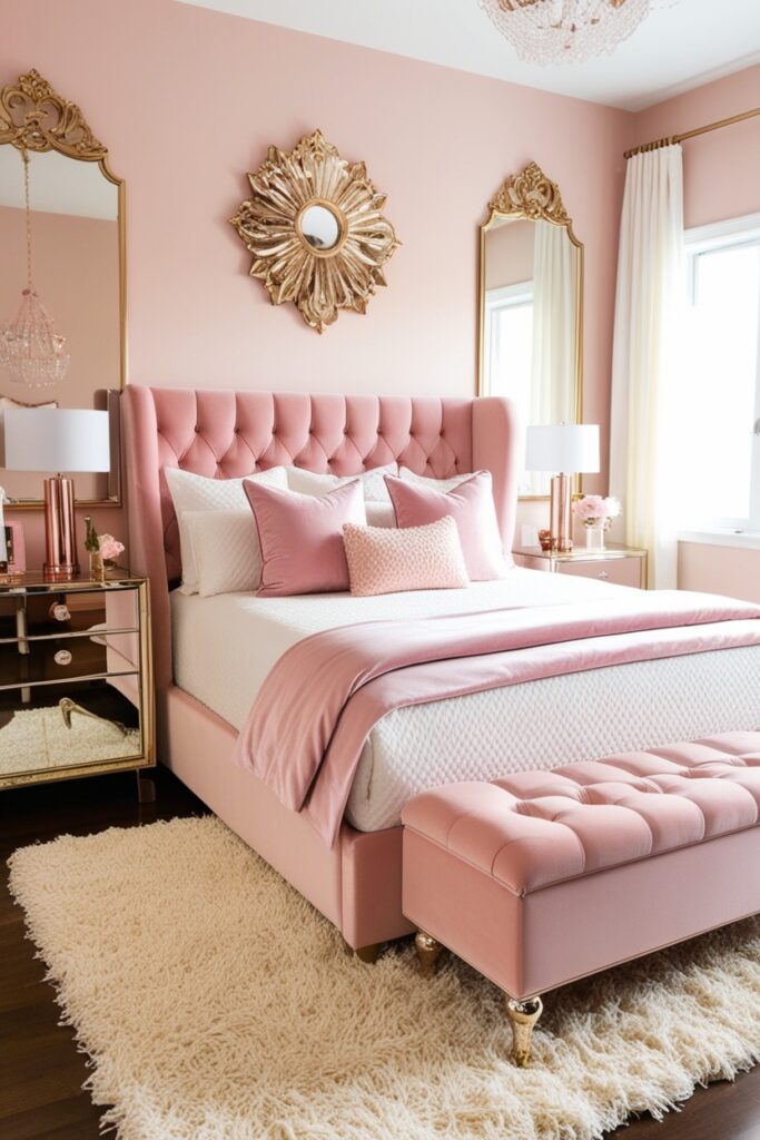 Cream and pastel pink velvet bedroom with tufted furniture, shiny metallic accents