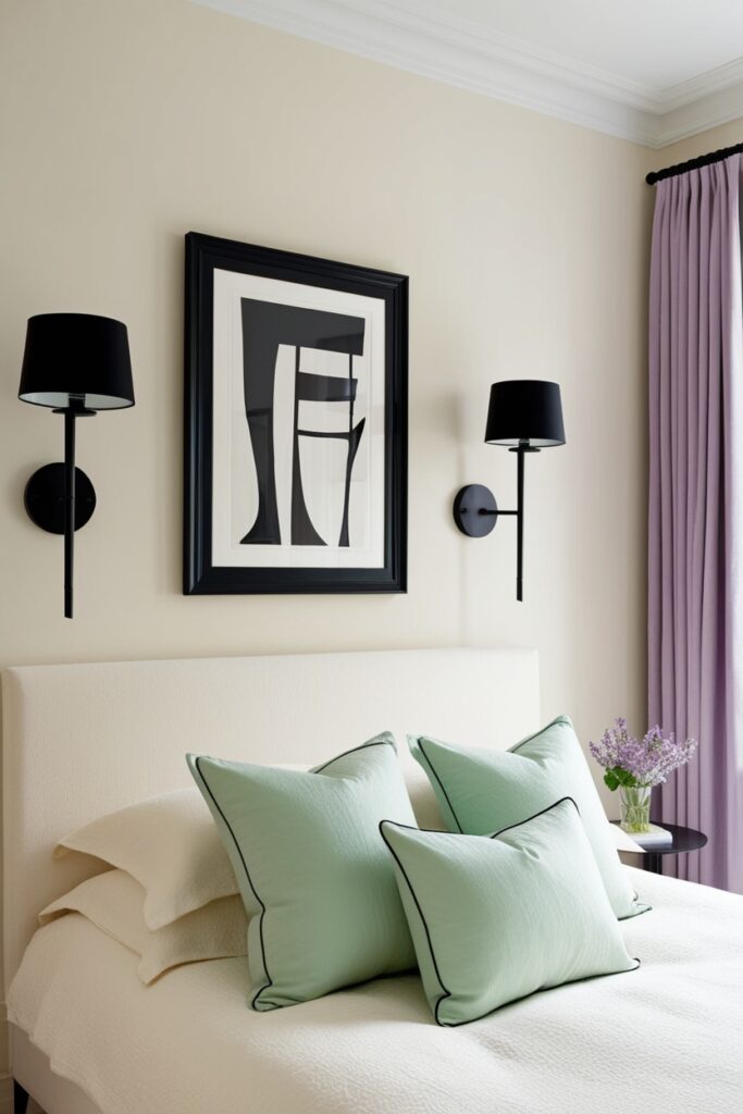 Cream bedroom with black-framed art, black sconce lighting, and minimalist furniture legs