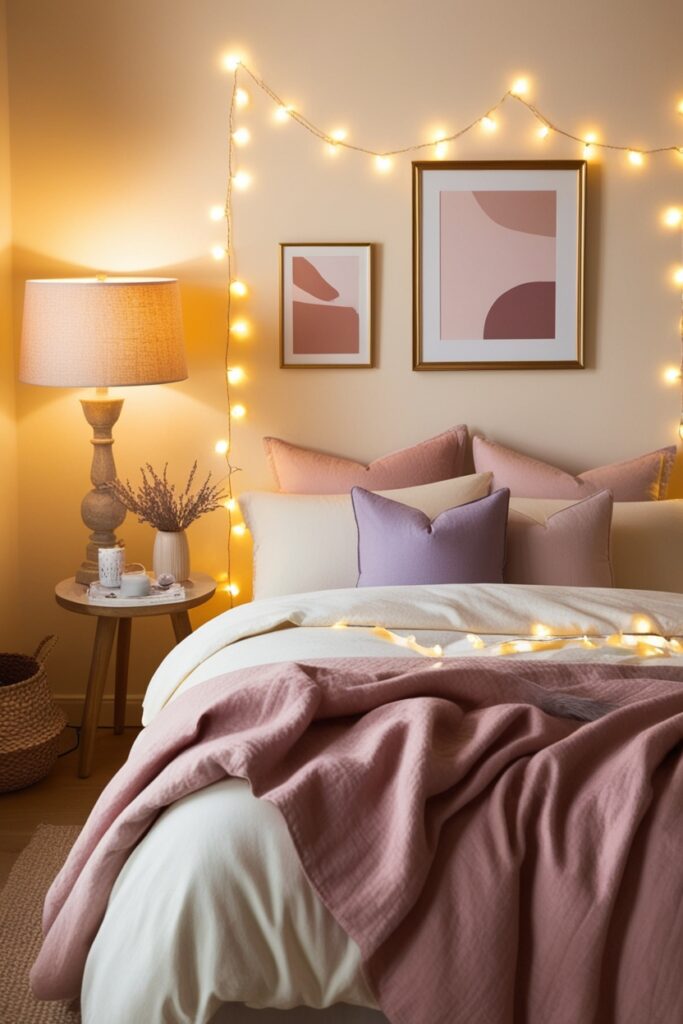 Cream-toned bedroom glowing with warm fairy lights, beige lampshades, and ambient lighting