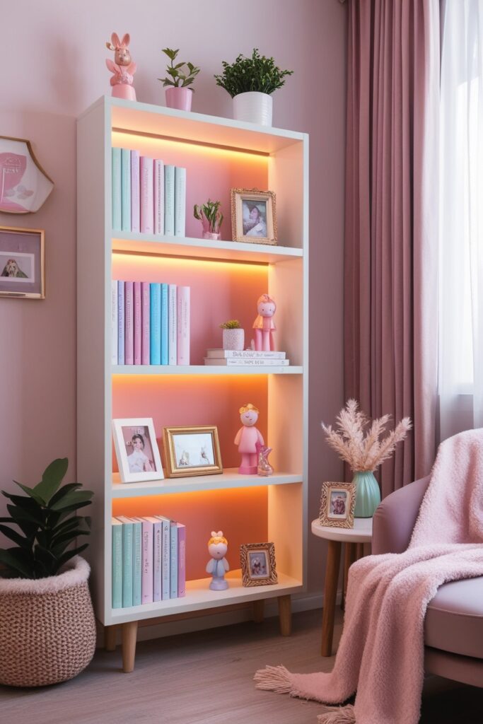 Cute modern bookshelf styled with pastel books, tiny plants, warm LED shelf lights