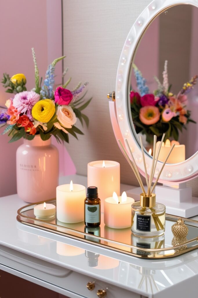 Cute vanity table with candles, reed diffusers, essential oil diffuser and fresh flowers