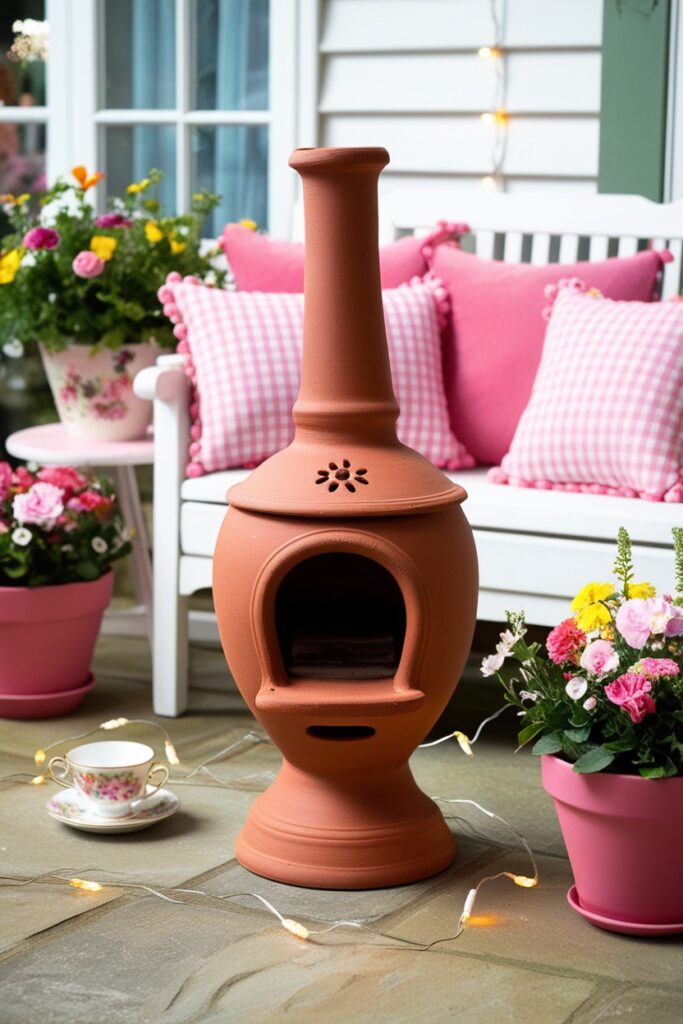 Cute vintage-style clay chiminea on a cottage-style patio, surrounded by colorful floral pots