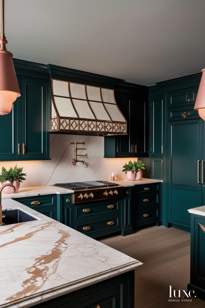 Dark feminine kitchen with forest green cabinets