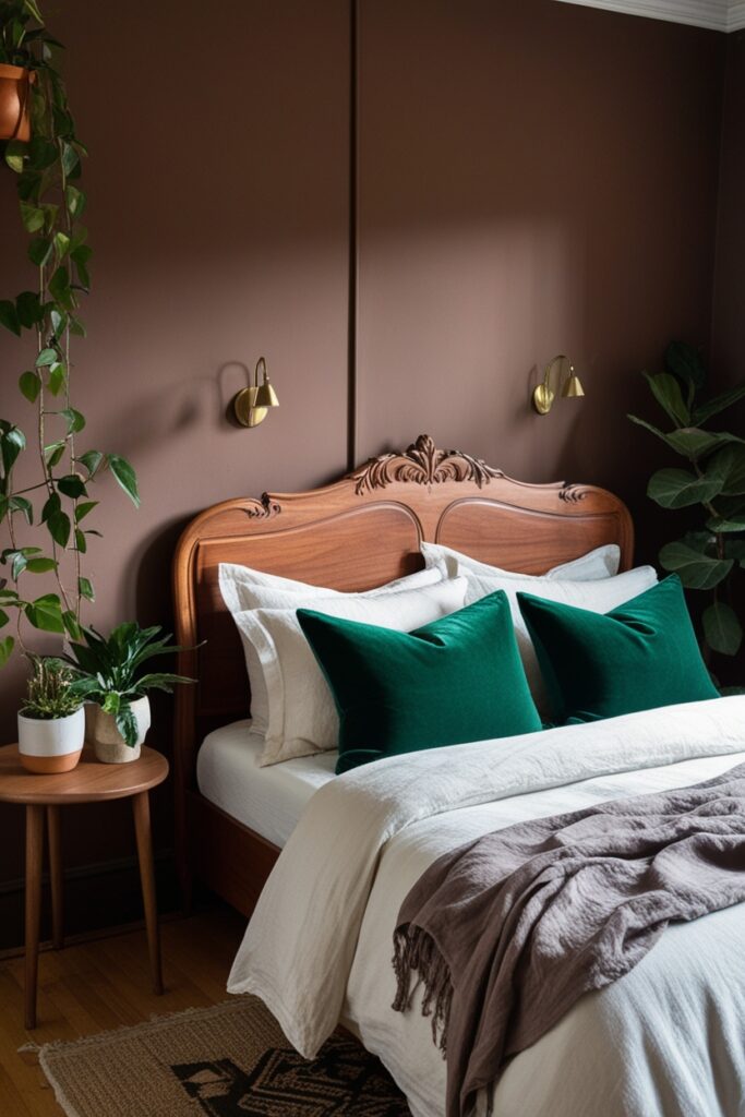 Earthy brown and deep forest green bedroom