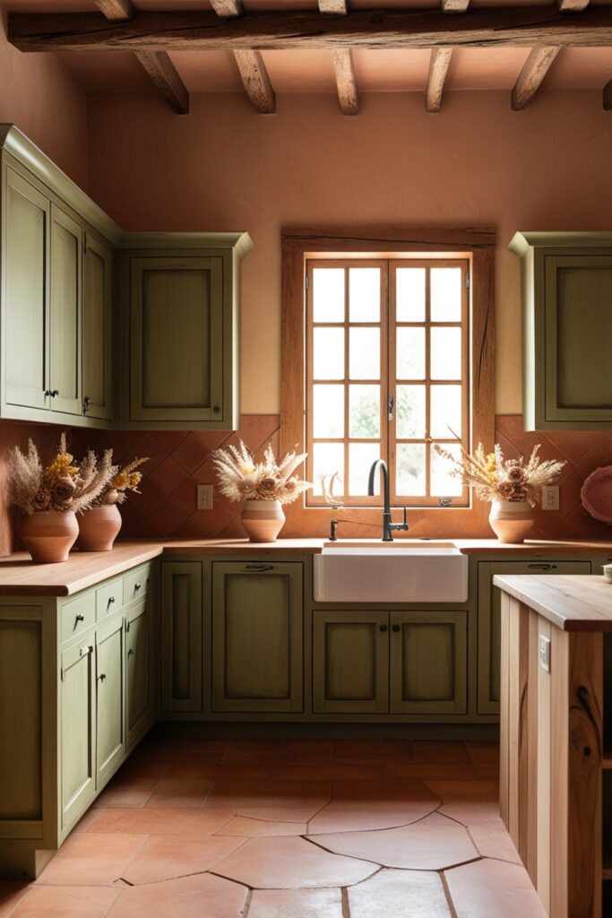 Earthy-toned kitchen with olive green cabinets