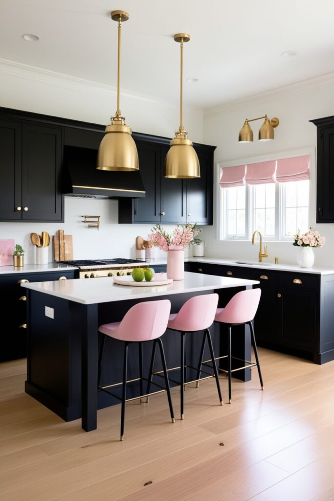 Elegant kitchen with matte black cabinetry and brass hardware, herringbone backsplash