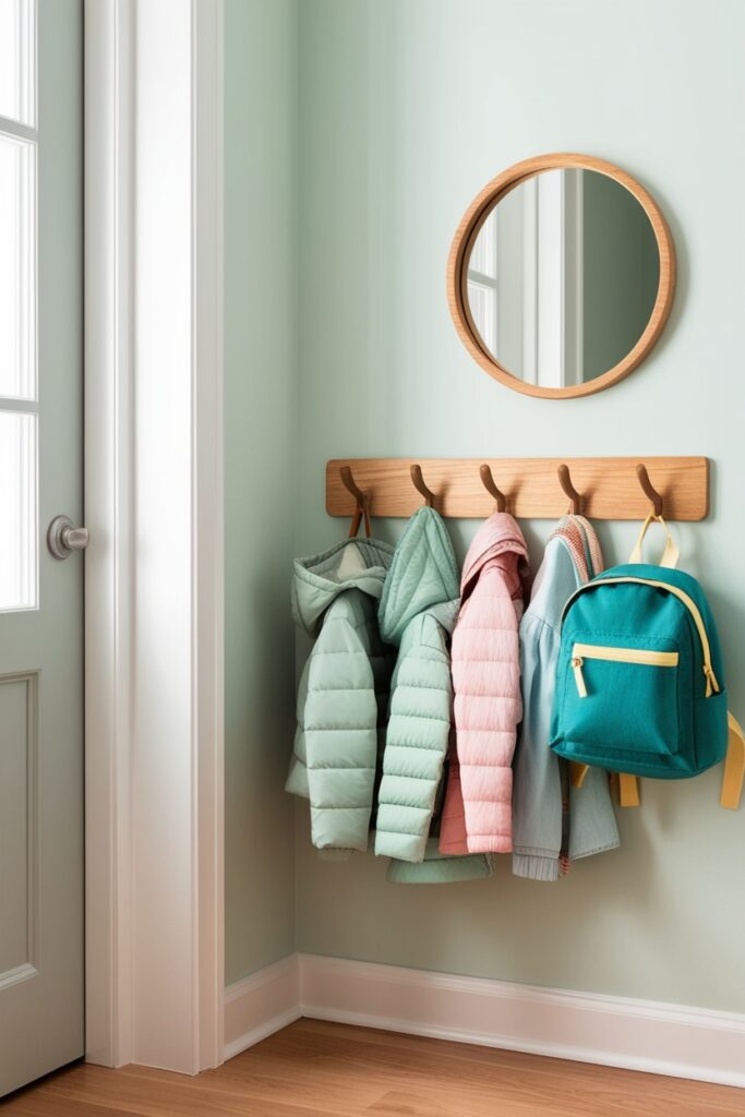 Entry corner in a kid’s room with natural wood hooks at child height