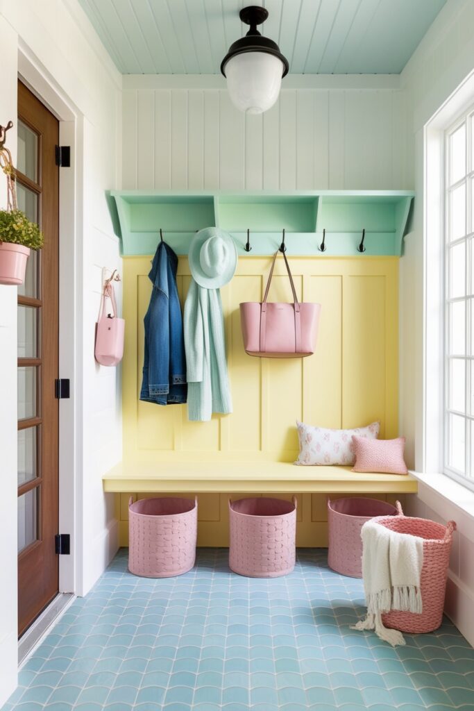 Entry-style porch with pastel yellow built-in bench, mint green coat hooks, blush pink storage baskets