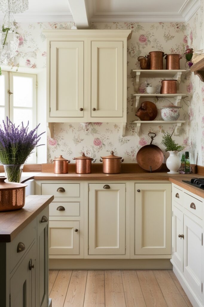French country kitchen with cream-colored cabinets