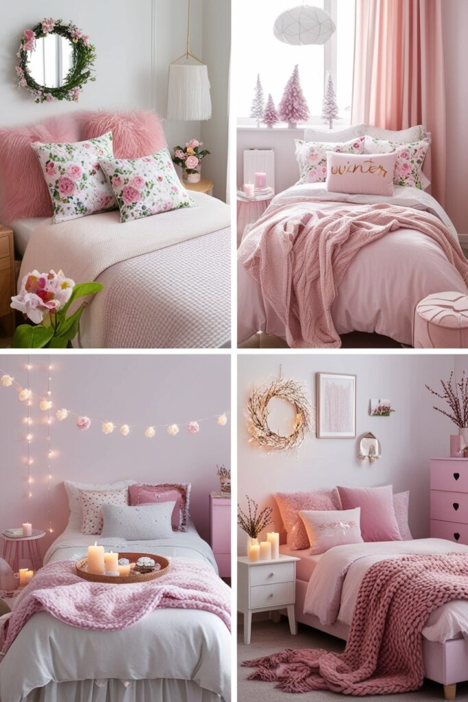 Girly room showing two seasonal themes spring with floral cushions and light tones, winter with cozy throws
