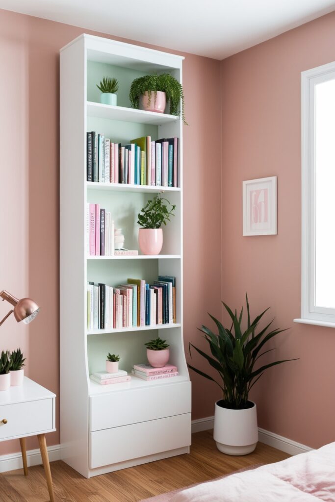 Girly small room with tall white bookshelves, floating pastel shelves with books and plants