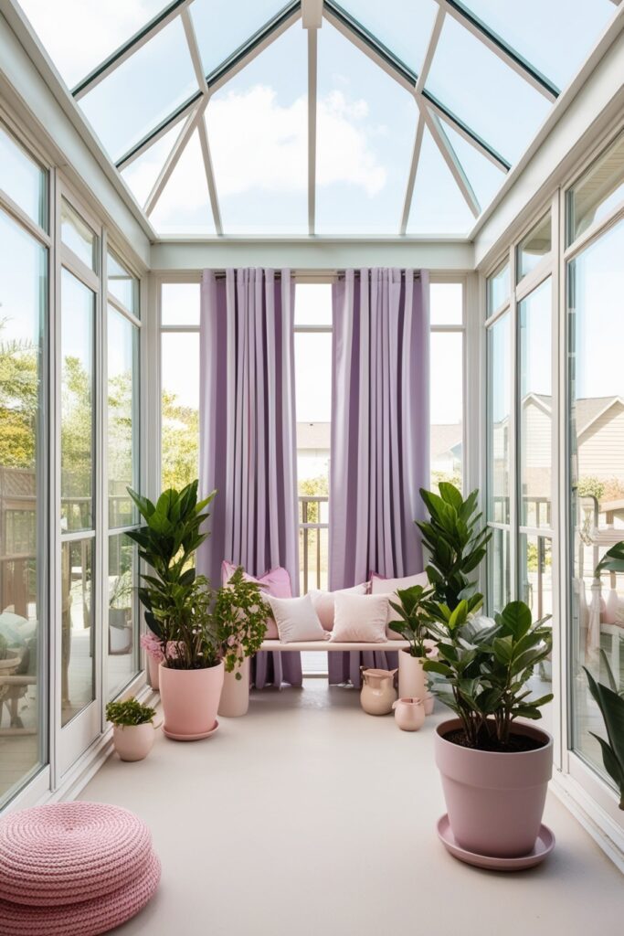 Glass-enclosed porch with full-height windows, minimalist pastel lavender curtains