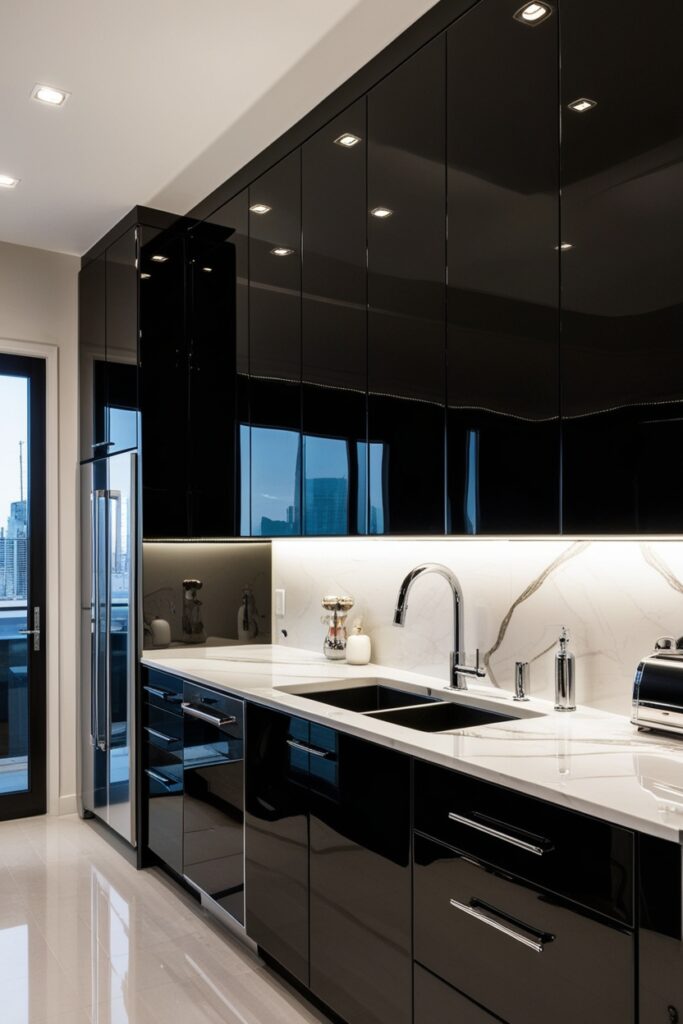 Glossy black kitchen cabinets in a high-gloss finish, modern lighting reflecting off the surfaces