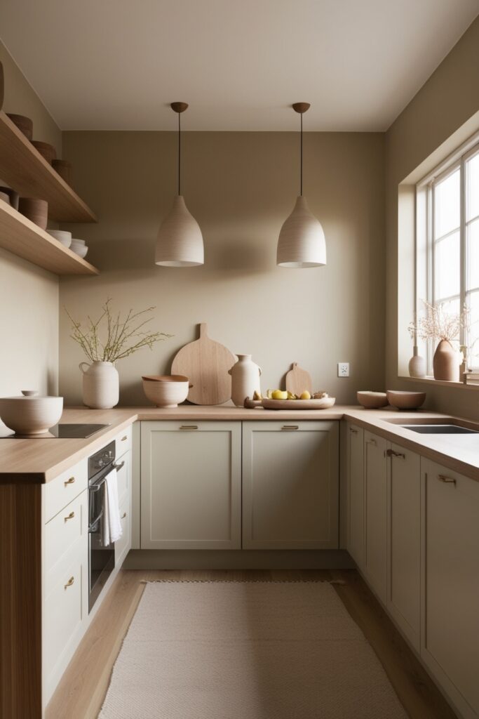 Japandi kitchen with soft earth tone