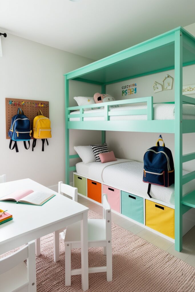 Kids’ room with a mint green loft bed and built-in study nook below, clean white furniture
