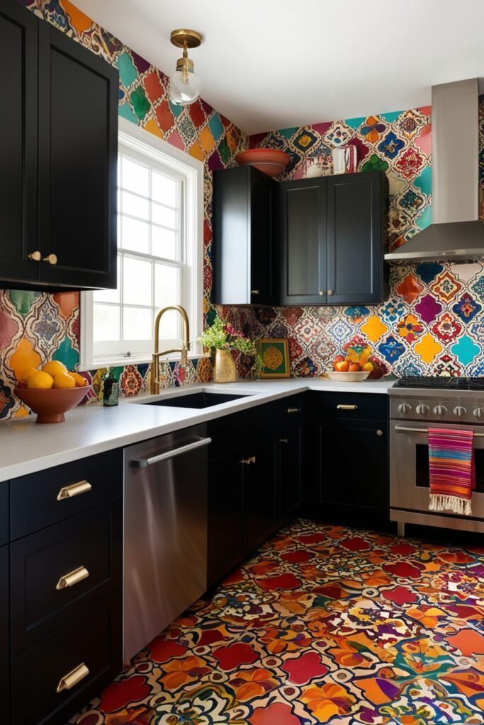 Kitchen with matte black cabinets and colorful Moroccan or geometric patterned tile backsplash