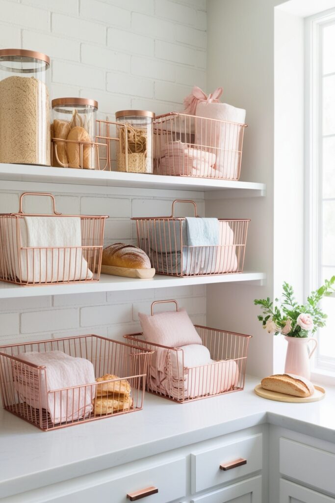 Light and airy pantry with rose gold wire baskets holding pastel linens and bread