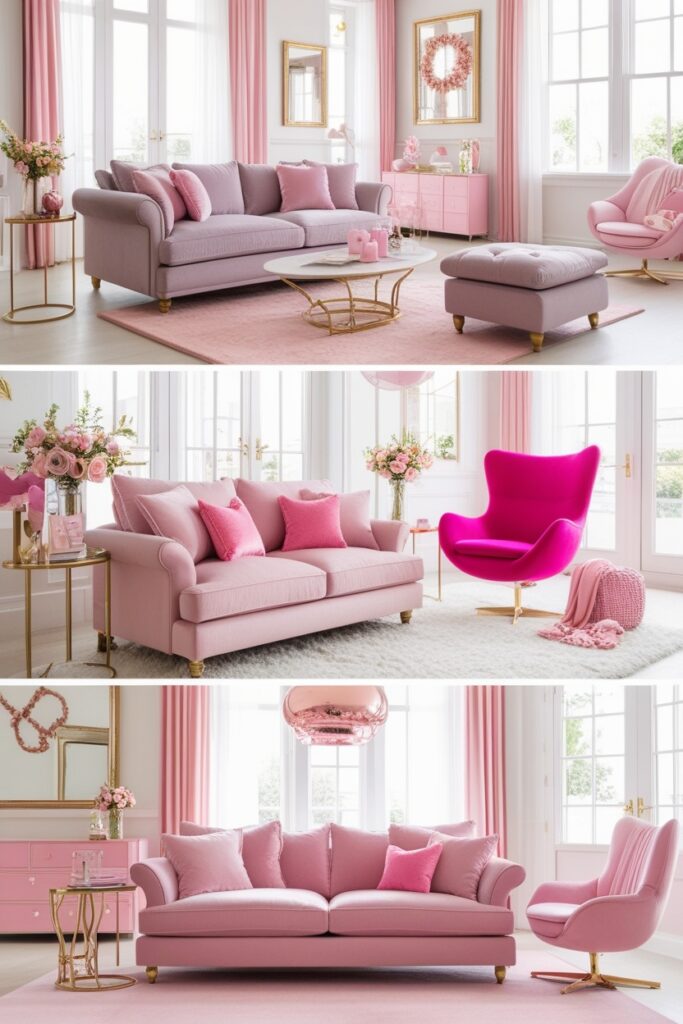 Living room with rearranged furniture layout—sofa facing a new direction, pink accent chair