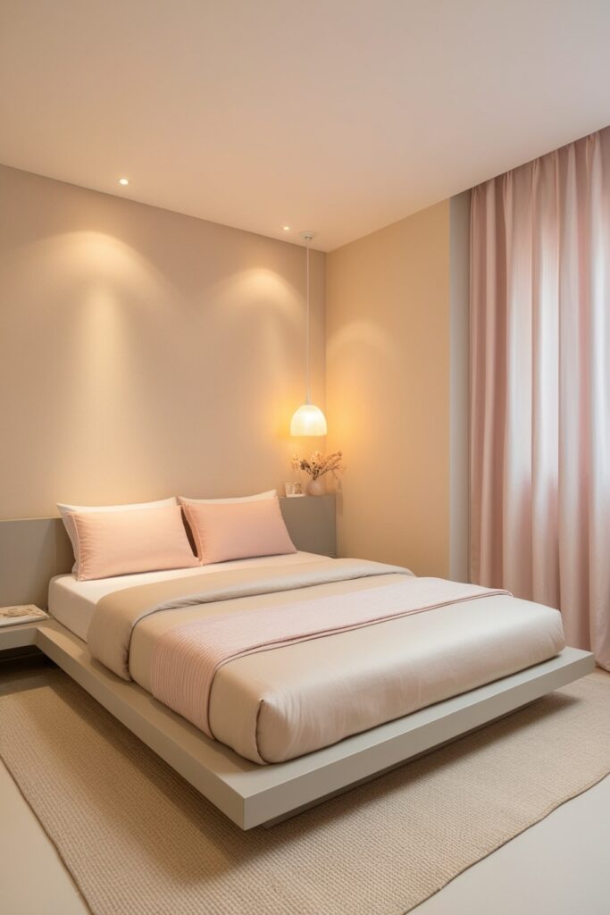 Low platform bed in small pastel-themed room, soft beige and pink bedding, no bulky bed frame