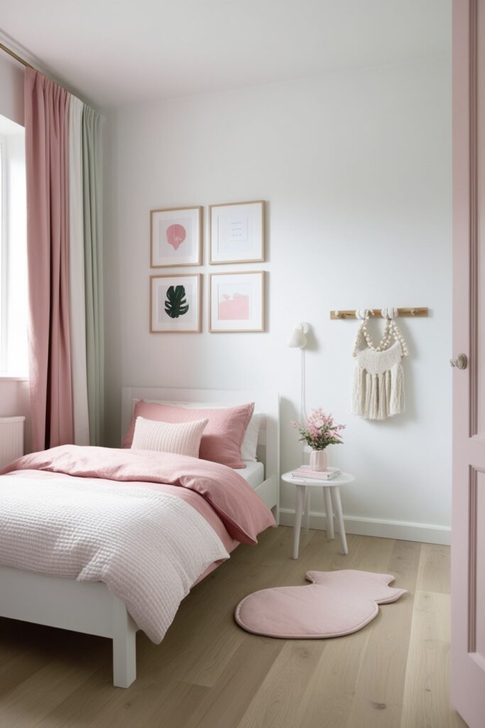 Minimalist small room with white and pastel tones, single gallery wall, light wood floor, cozy pink bedding