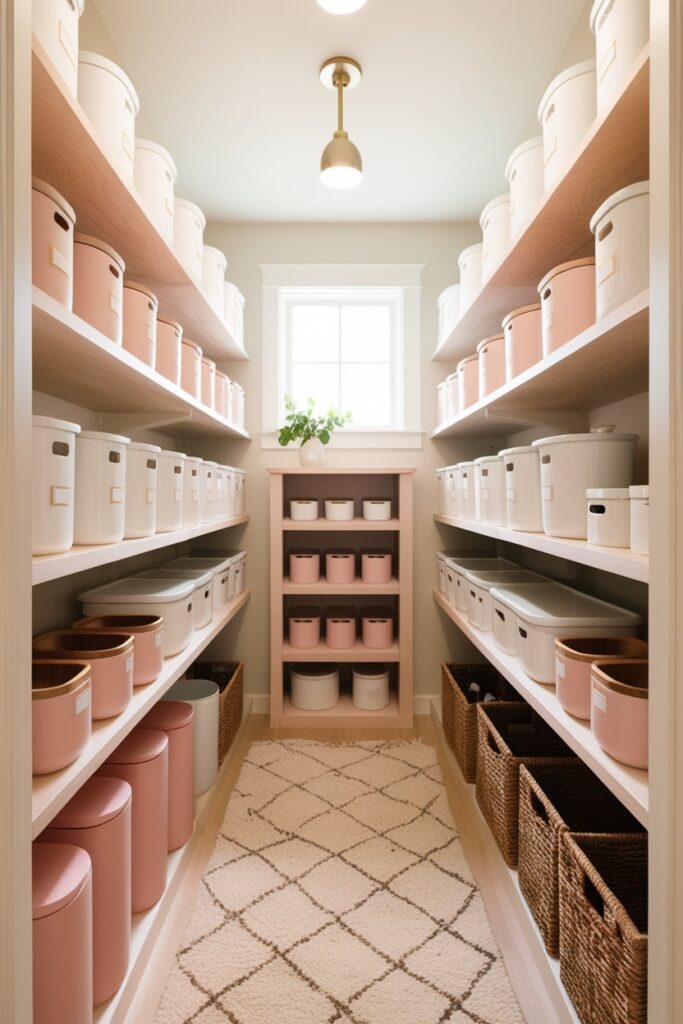 Minimalist walk-in pantry with pale wood shelves, soft white and pink containers, everything labeled