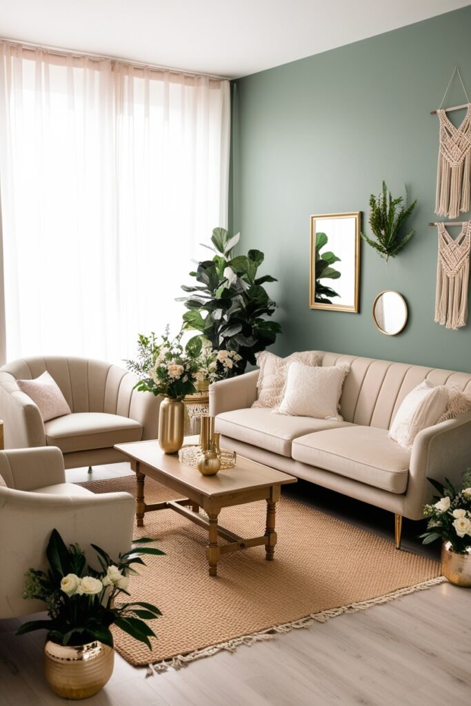 Modern boho living room with a single bold sage green accent wall