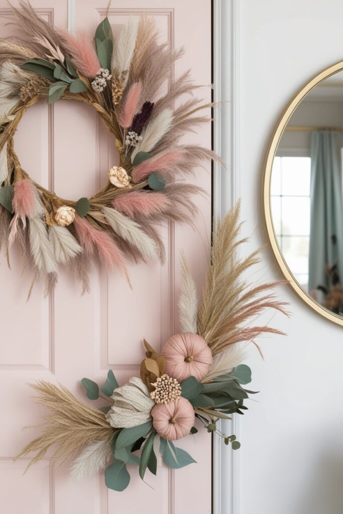 Modern boho-style fall wreaths made of dried florals, blush and neutral pampas grass, and eucalyptus