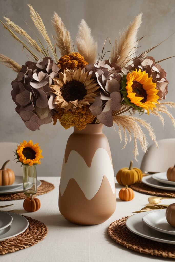 Modern ceramic vase centerpiece with dried hydrangeas, pampas grass, marigolds and sunflower