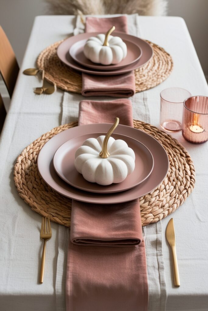 Modern fall tablescape with layered linen runners, woven placemats, matte ceramic plates, velvet napkin