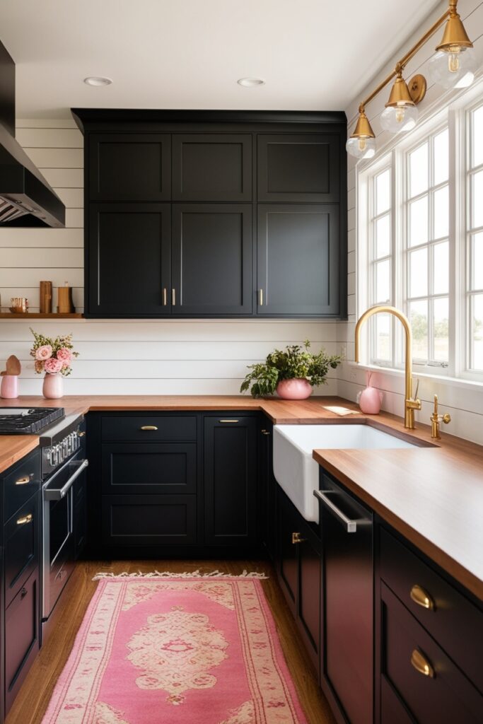 Modern farmhouse kitchen with black cabinets, white shiplap walls, rustic wood island