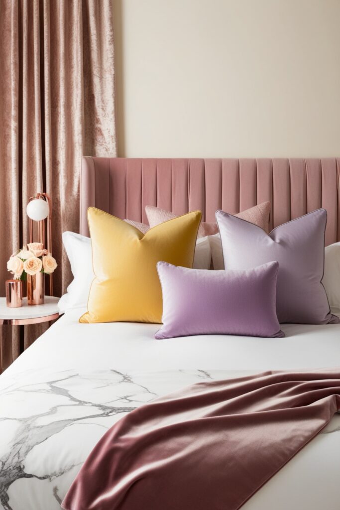 Modern glam bedroom with cream backdrop, mixed metallic accents