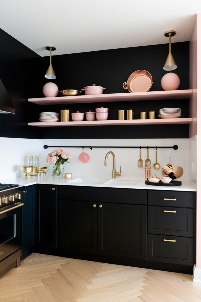 Modern kitchen with black accent wall, white cabinets, light wood floors, minimalistic decor (2)