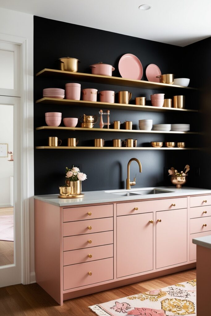 Modern kitchen with black accent wall, white cabinets, light wood floors, minimalistic decor