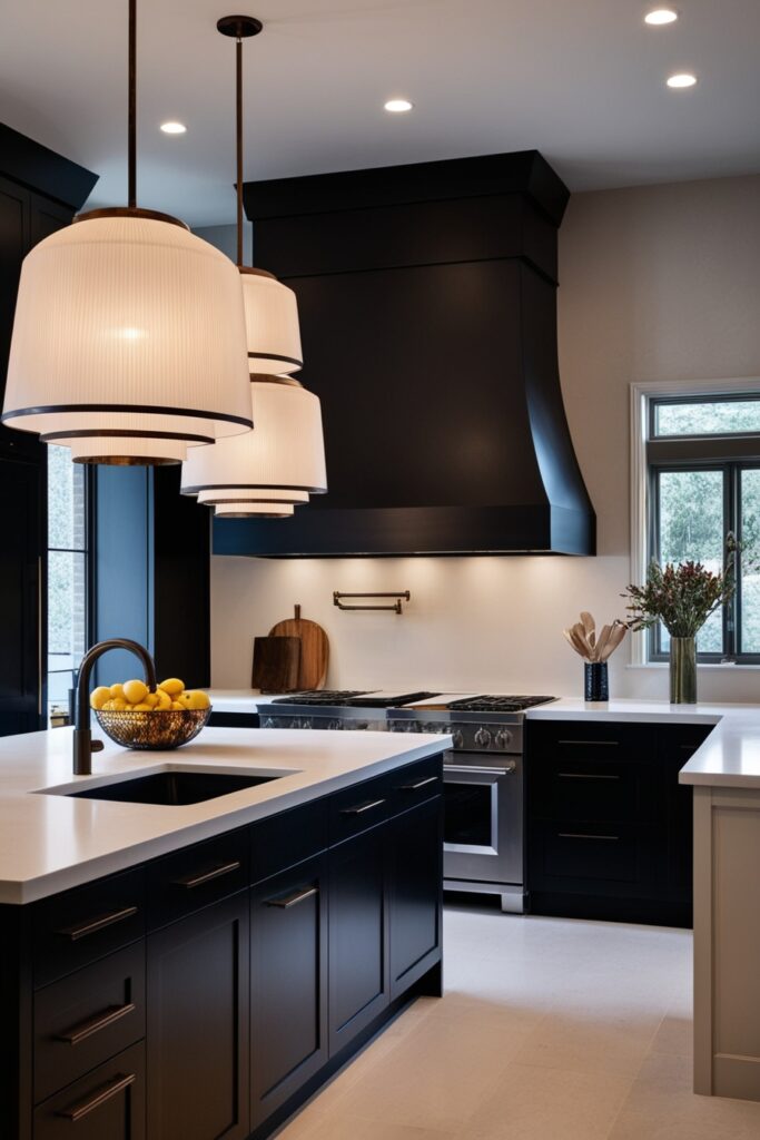 Modern kitchen with black cabinets and oversized pendant lights or artistic chandeliers, white countertops