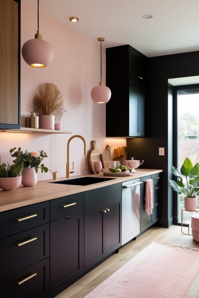 Modern kitchen with matte black cabinets, light wood floors, soft beige walls, gold hardware