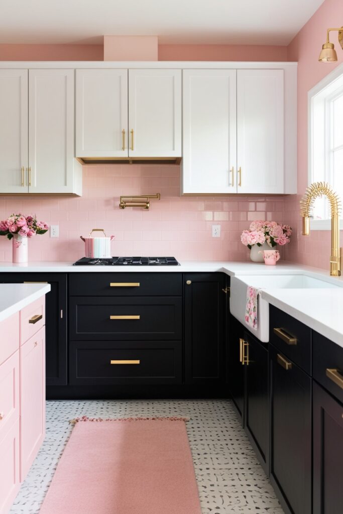 Modern kitchen with two-tone cabinets—white on top and black on bottom, brass fixtures