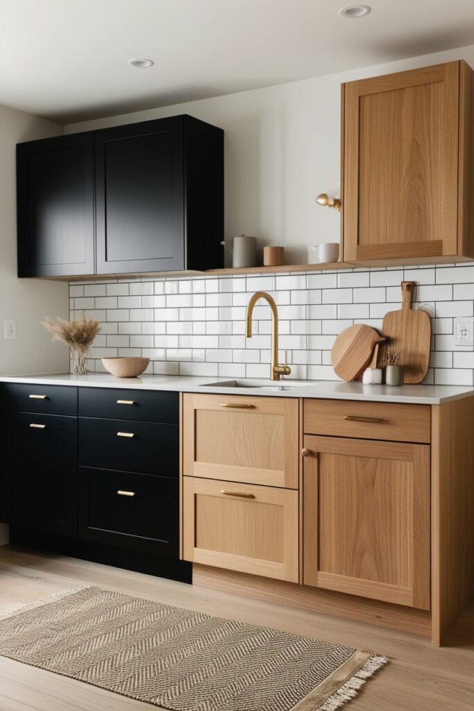 Modern kitchen with upper black cabinets and lower natural oak cabinets, white subway tile backsplash
